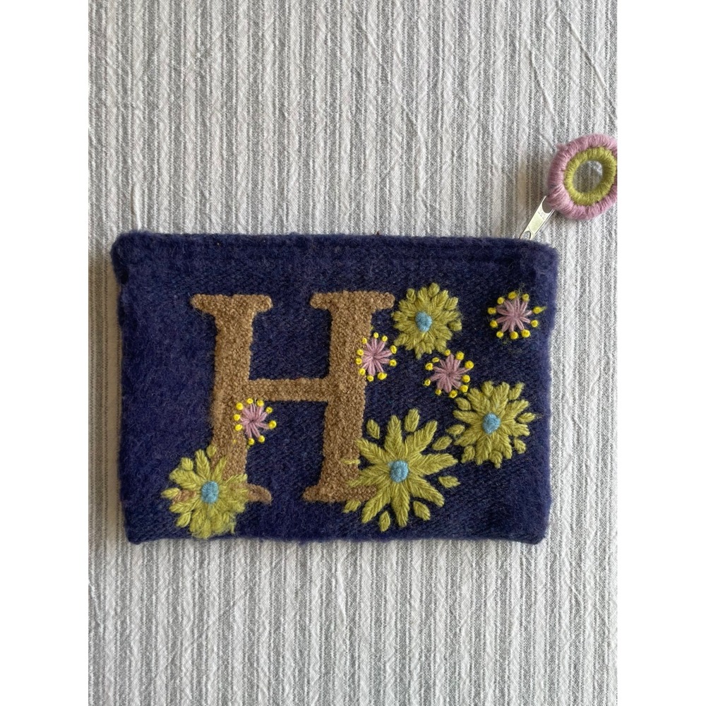 Jenny Krauss Initial H Wool Pouch Navy Blue Embroidered Floral Makeup Bag Peru